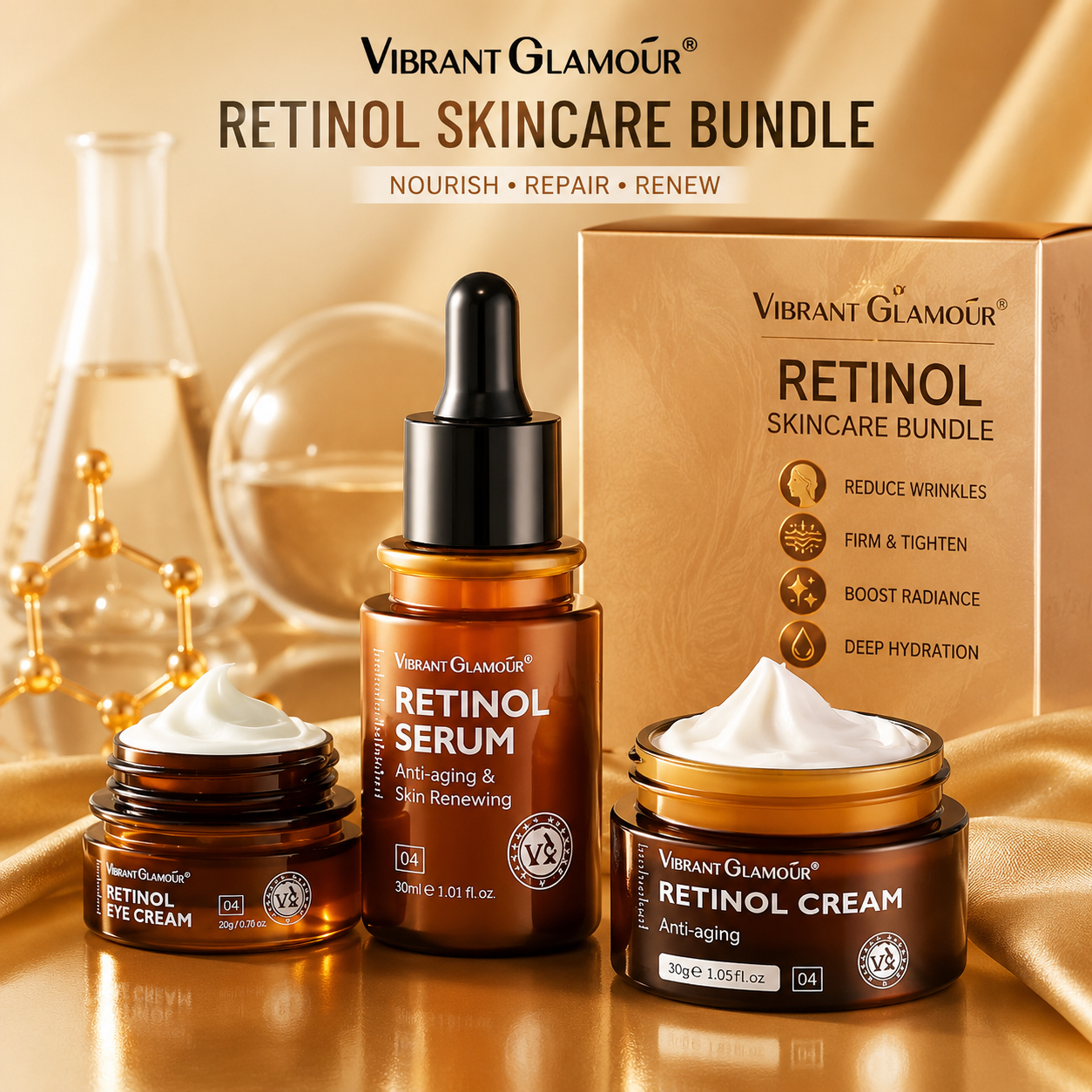 باقة الريتينول للعناية بالبشرة – Retinol Skincare Bundle | سيروم + كريم وجه + كريم عين لمكافحة التجاعيد